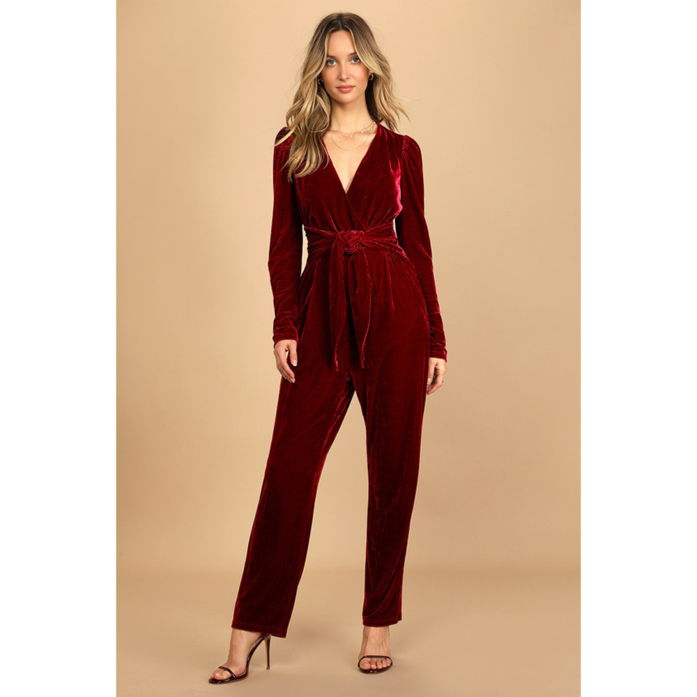 Lulus Feeling Festive Burgundy Velvet Surplice Long Sleeve Jumpsuit Red - Size M
